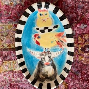 Barnyard Friends Large Ceramic Handmade Platter 14”x9.5” Original OOAK